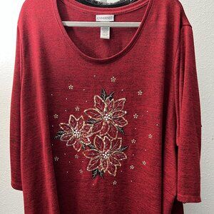 Catherines Red 3/4 Sleeve Christmas Gold Sequins Poinsettia Top SZ 3X/26W-28W